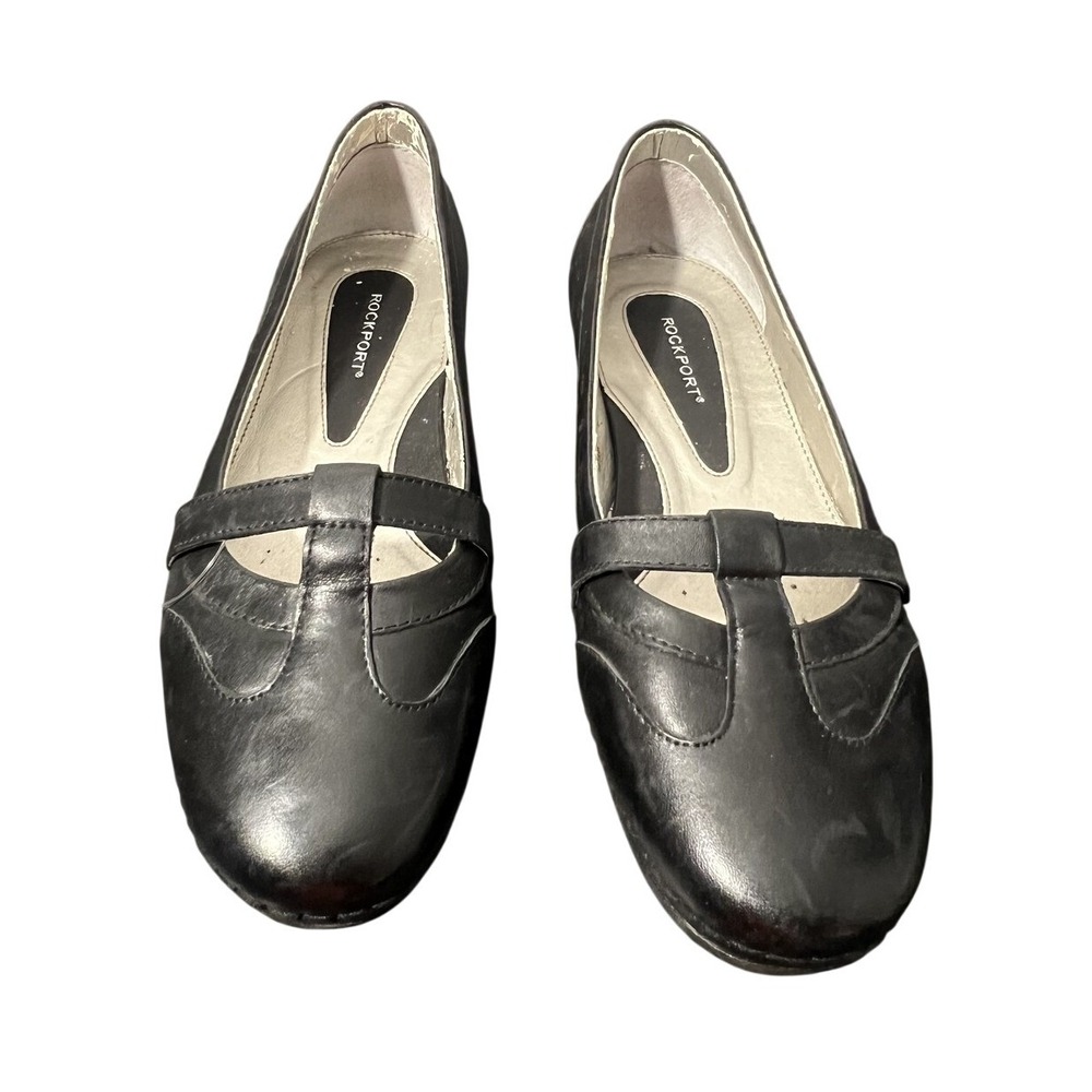 Rockport Women's Black Leather T-Strap‎ Comfort Flats US 8.5M Slip On Shoes